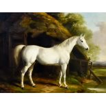 19th Century English School - Oil painting - Portrait of a grey horse standing before a thatched