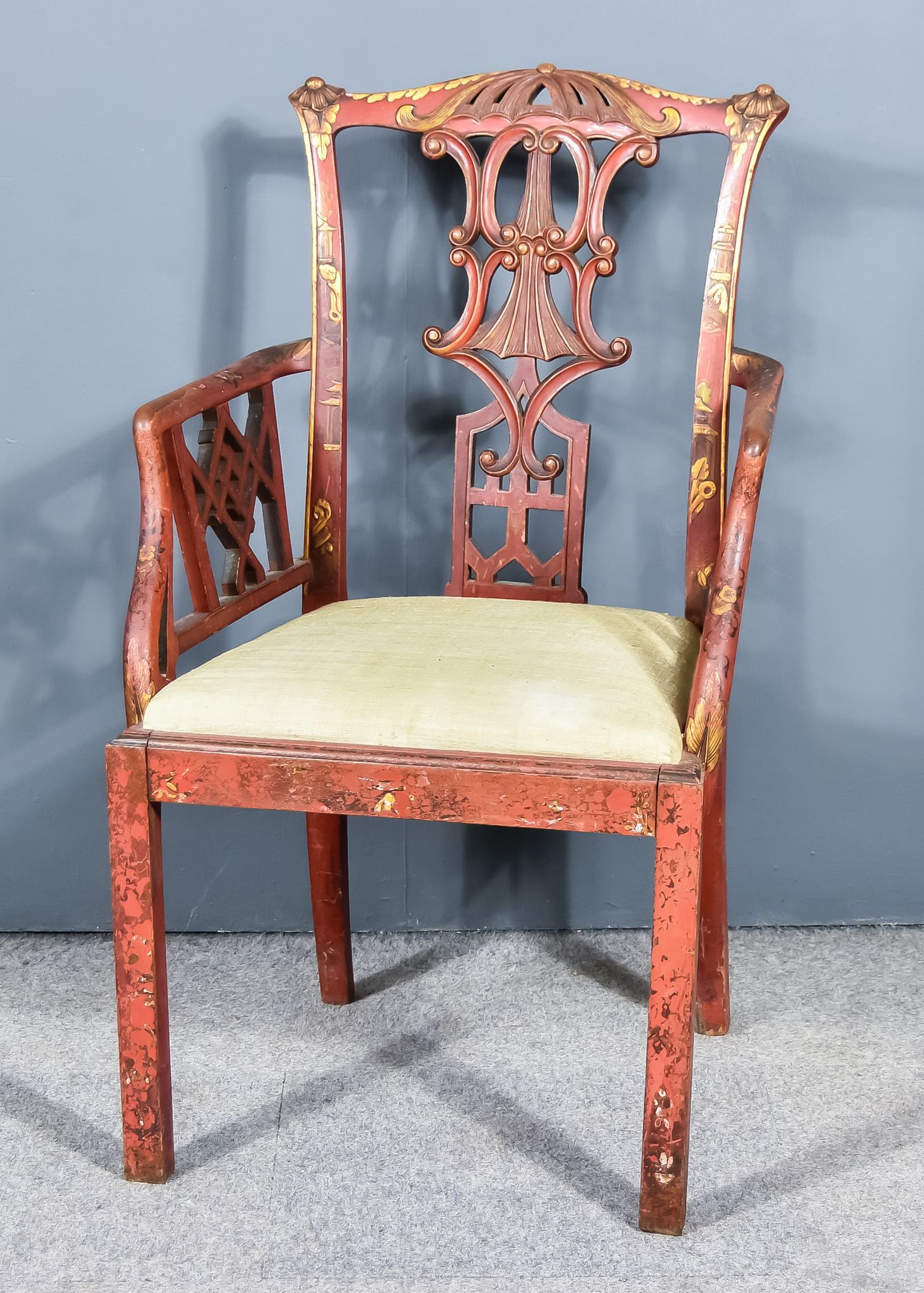 A Red Lacquer Open Armchair, of "Country Chippendale " Design, decorated in gilt with