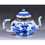 A Chinese Blue and White Porcelain Teapot, Kangxi Period, with Dutch Silver Mounts, painted with