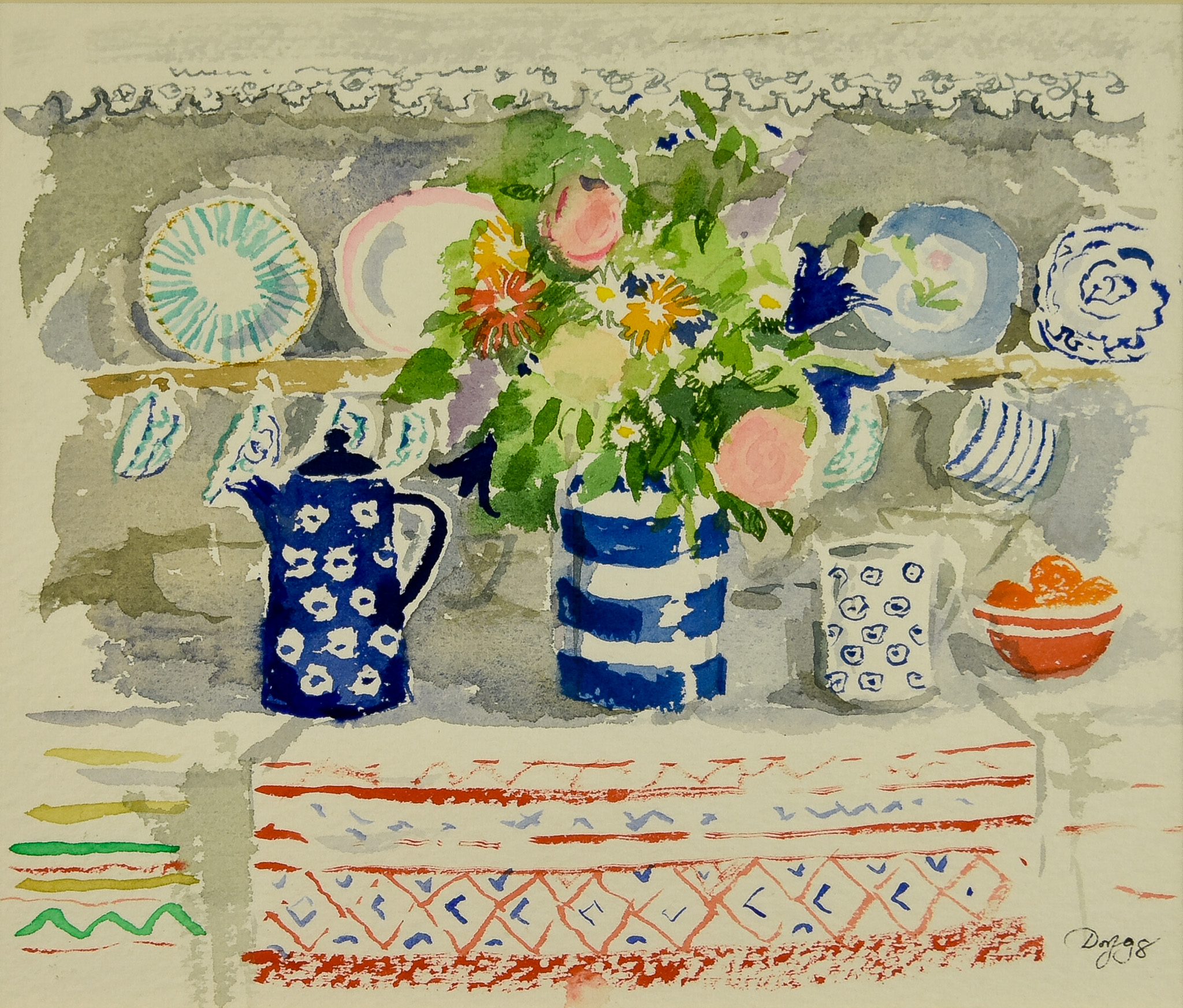 ***Barbara Dorf (1933-2016) - Watercolour - Still Life with jug of flowers and other pottery