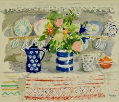 ***Barbara Dorf (1933-2016) - Watercolour - Still Life with jug of flowers and other pottery