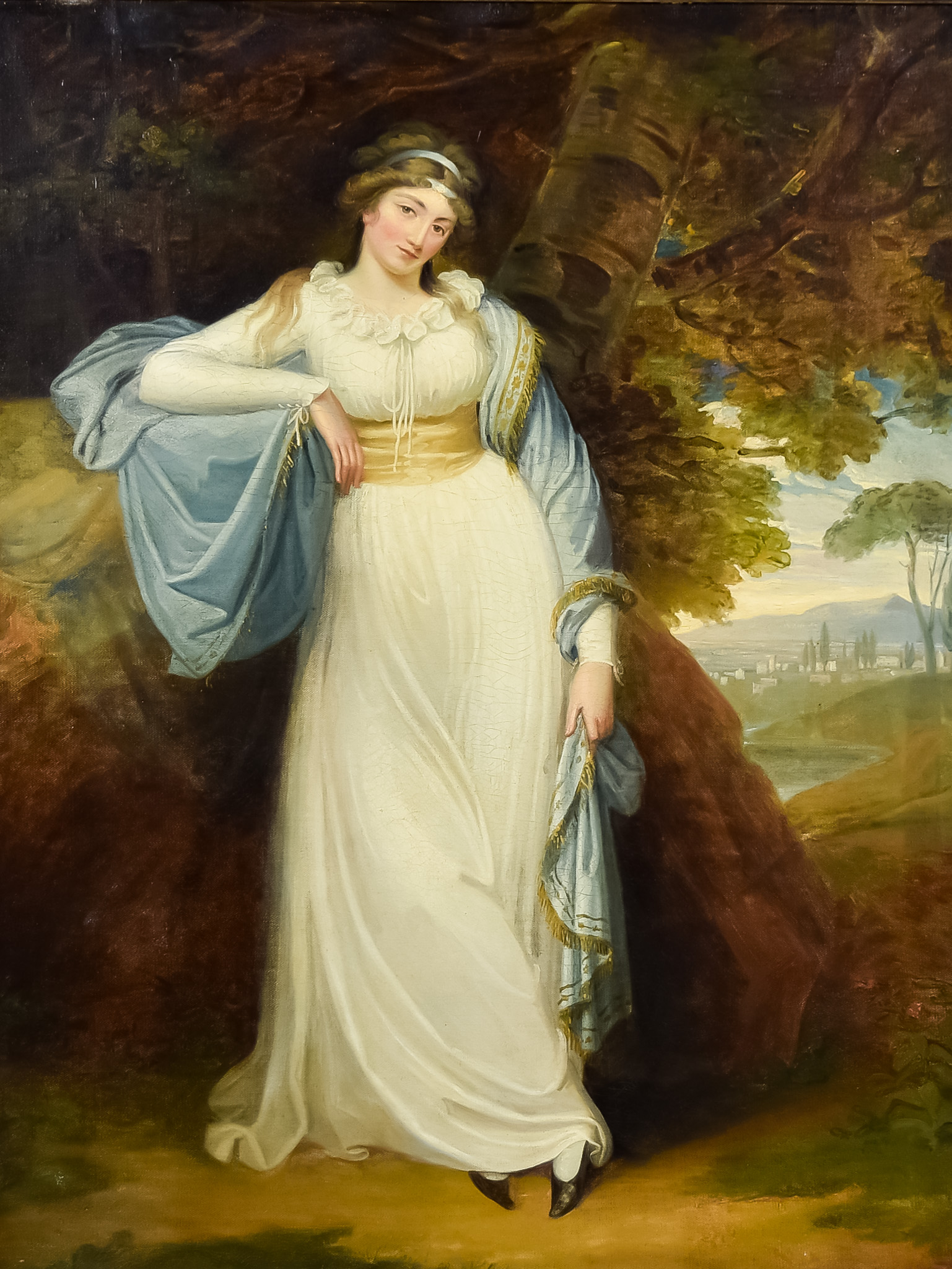 Late 18th Century English School - Oil painting - Full-length portrait of a lady wearing a white