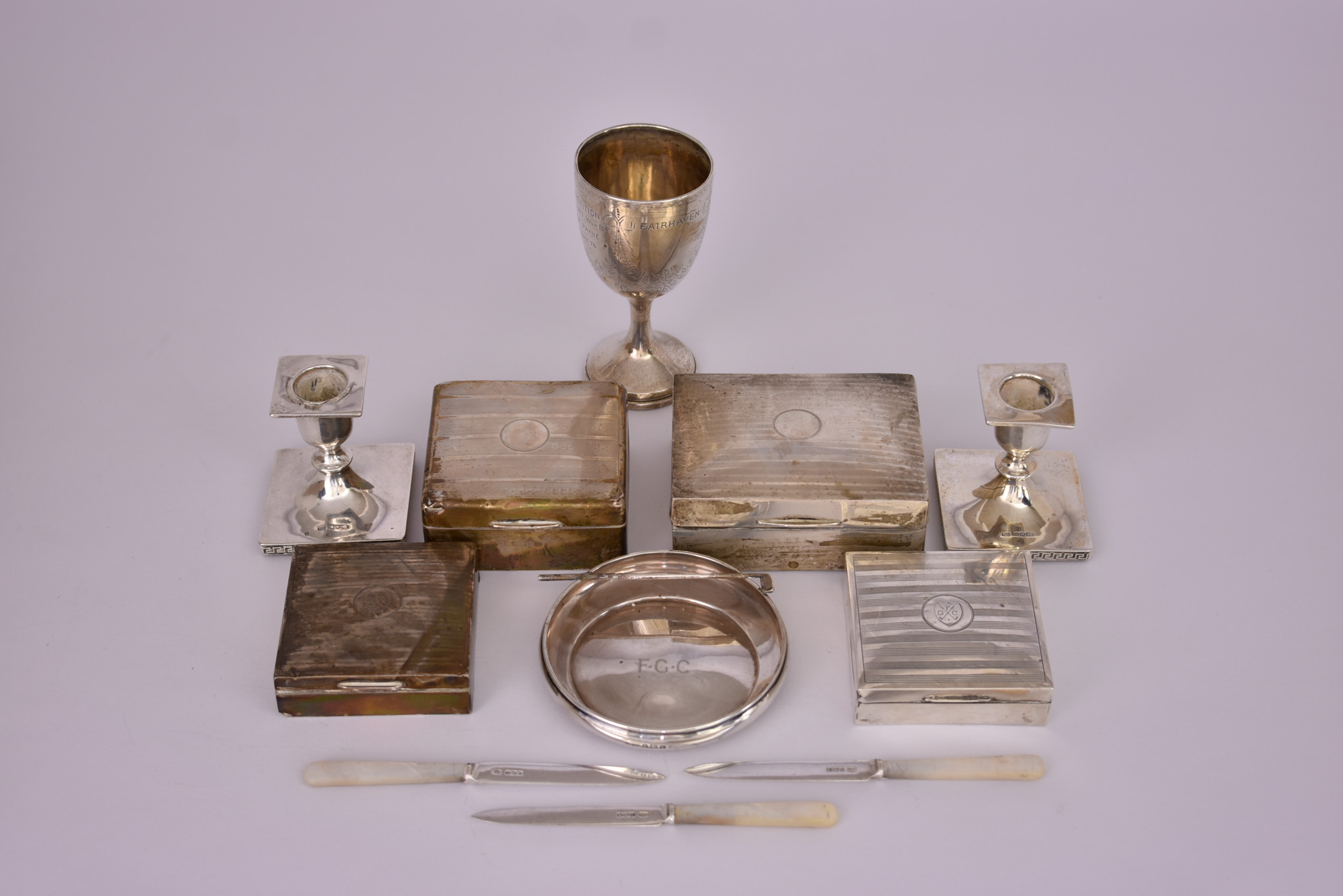 A George V Silver Circular "Golf" Dish and Mixed Silverware, the dish by Joseph Gloster Ltd,