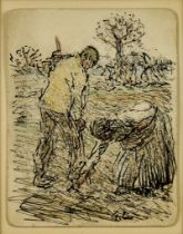 George Clausen (1852-1944) - Pen and colour pencil drawing – Christmas Card to Eric Gregory – Couple