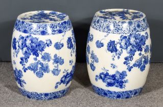 A Near Pair of Large Ceramic Barrel-Shaped Seats, Late 19th/Early 20th Century, transfer printed