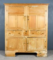 A Late 19th Century Panelled Pine Cupboard, with moulded edge to top, the upper part fitted one