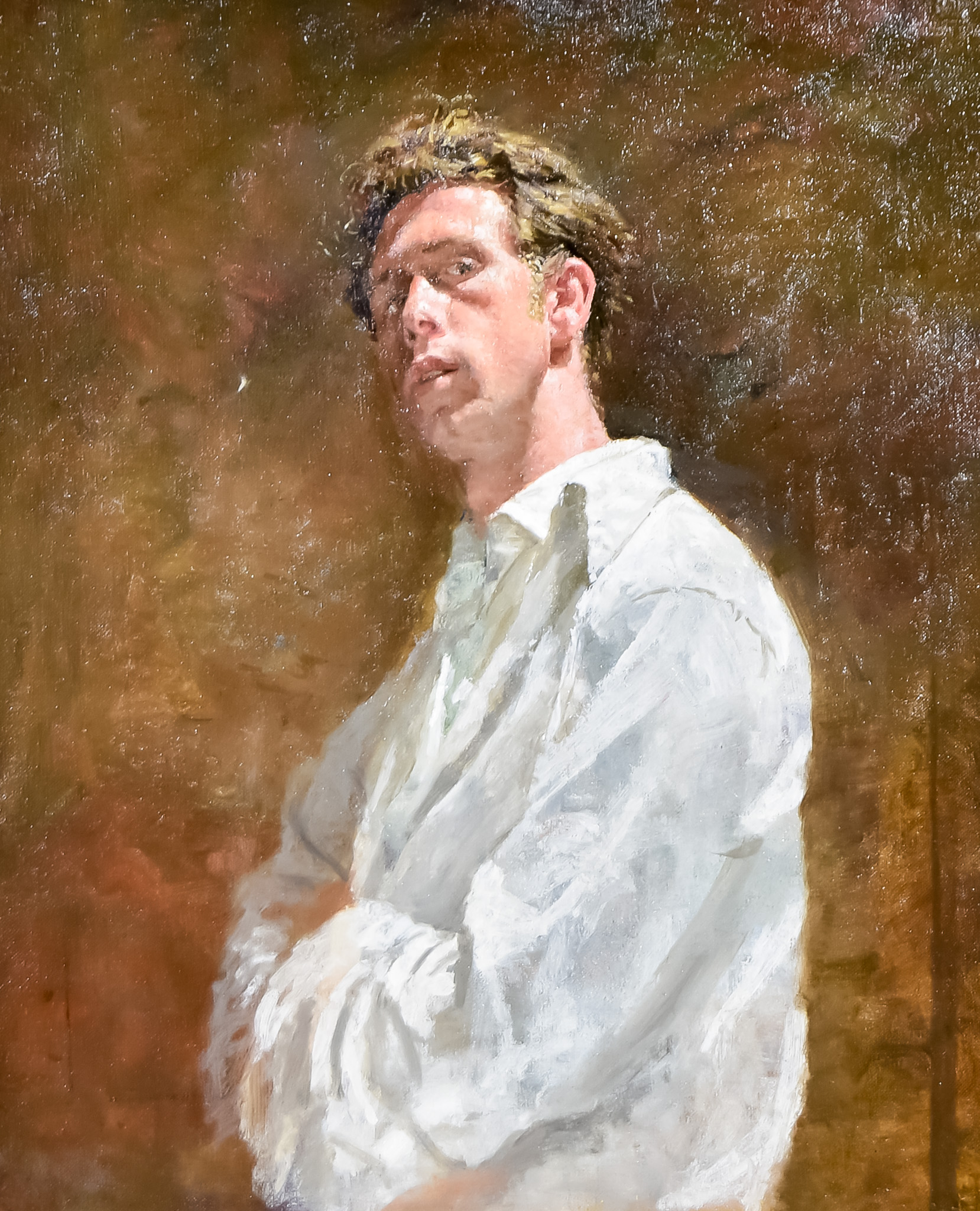 ***Kenneth Newton (1933-1984) - Oil painting - Half-length self portrait wearing white shirt,