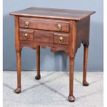 An 18th Century Walnut Lowboy, with square edge to top, fitted one real and two dummy drawers,