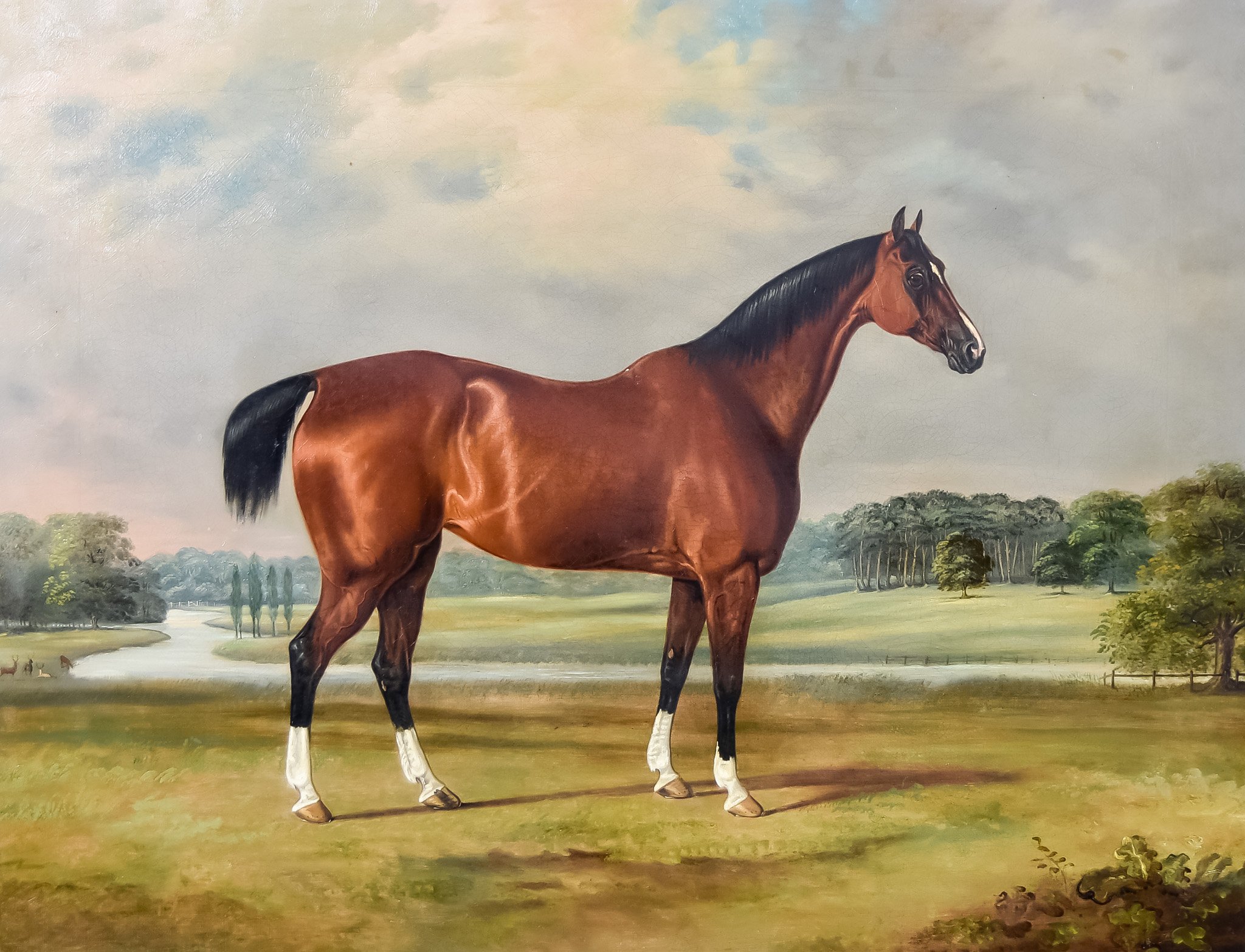 Manner of Edward Brown of Coventry (1823-1877) - Oil painting - Portrait of a bay horse in a rural