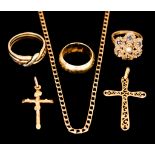 A Quantity of 9ct Gold, comprising - flat curb chain, 500mm overall, crucifix, 30mm x 20mm, filigree