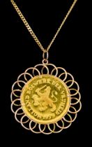 A Gold Chain, with suspended Continental gold coin in filigree mount, 400mm in length, total gross