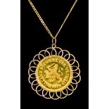 A Gold Chain, with suspended Continental gold coin in filigree mount, 400mm in length, total gross