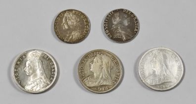 A George II Shilling, 1758, fine / very fine, a George III shilling, 1787, fine / very fine, and