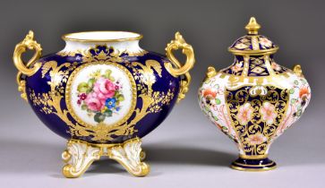 A Royal Crown Derby Bone Chine Two-Handled Vase, painted by William Mosley, 1905, of oval form