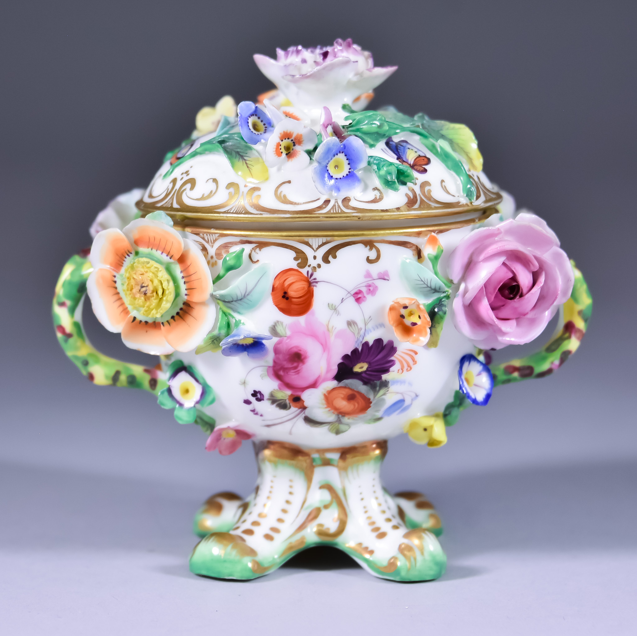 An English Flower Encrusted, Two-Handled Small Bowl and Cover, possibly Coalbrookdale, circa 1830,