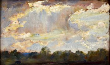 James Herbert Snell (1861-1935) - Oil painting – Rural landscape with low cloud, 5ins x 8.5ins, in