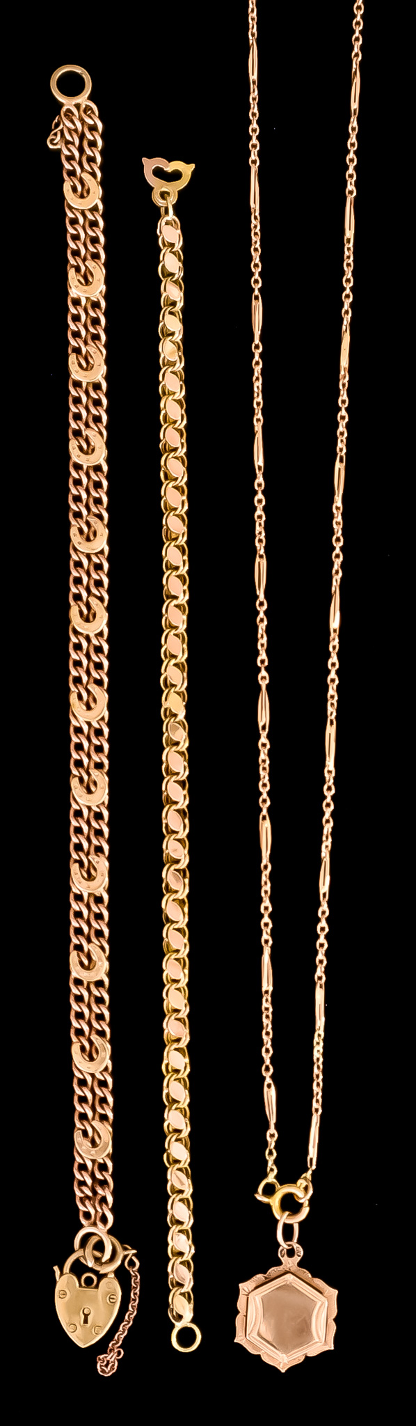 A Quantity of 9ct Gold, comprising - one horseshoe and padlock bracelet, 190mm overall, flat link