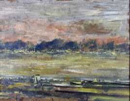 20th Century School - Oil painting - Sunset over river landscape, indistinctly signed, board,