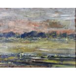 20th Century School - Oil painting - Sunset over river landscape, indistinctly signed, board,