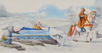 Susan Scott (born 1949) - Watercolour - Snow White - The prince comes across the sleeping princess