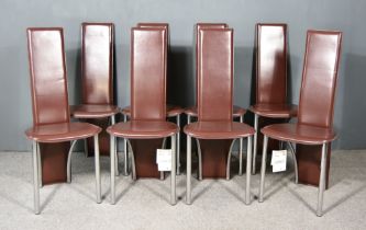 A Set of Eight Modern Italian Brown Leather Dining Chairs, by Frag, with narrow curved backs, with