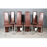 A Set of Eight Modern Italian Brown Leather Dining Chairs, by Frag, with narrow curved backs, with