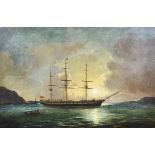 Manner of David James (1834-1892) - Oil painting - A British three masted vessel in a moonlit