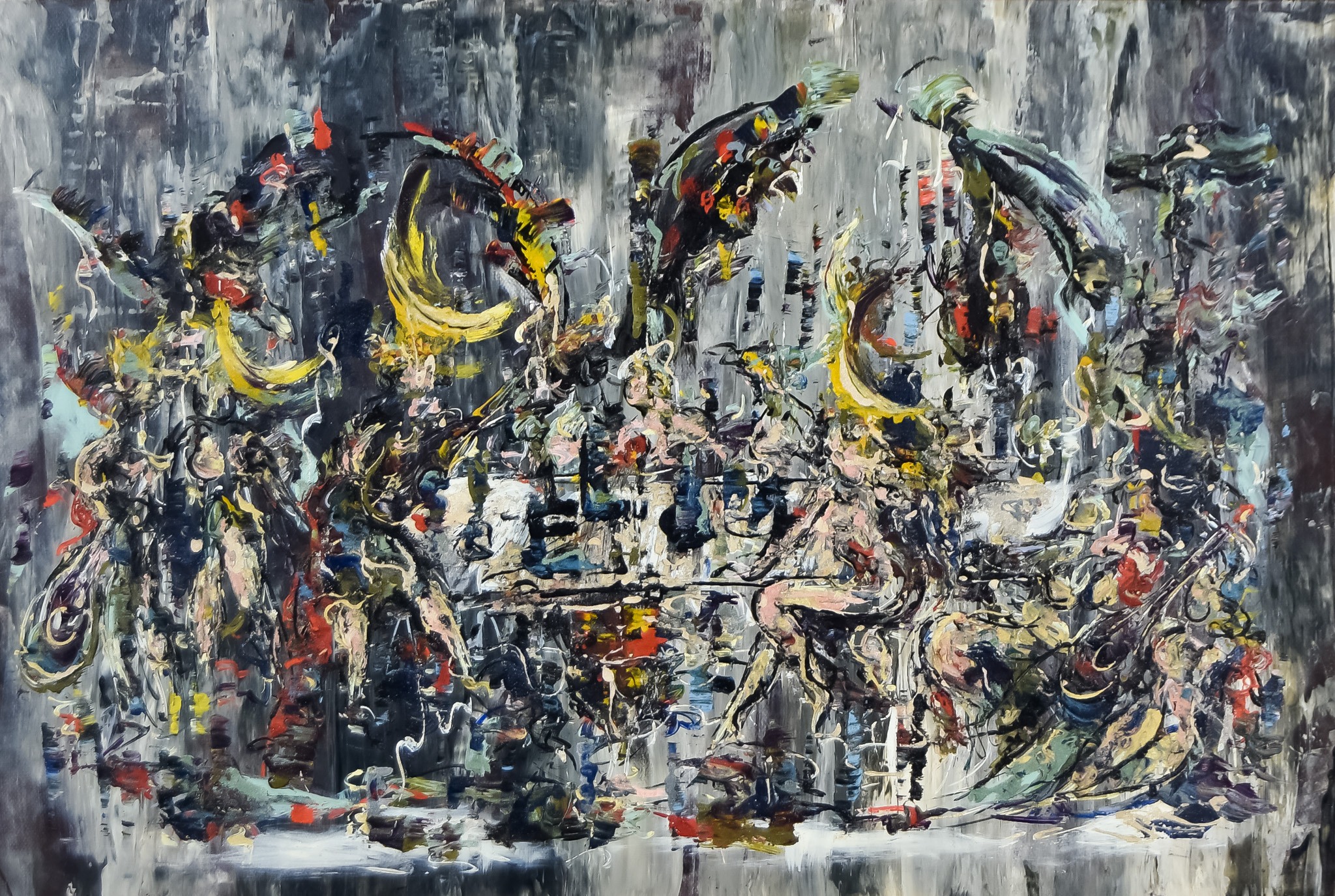 Leaeman (20th Century) - Mixed media in colours - Abstract with figures around a table, unsigned,