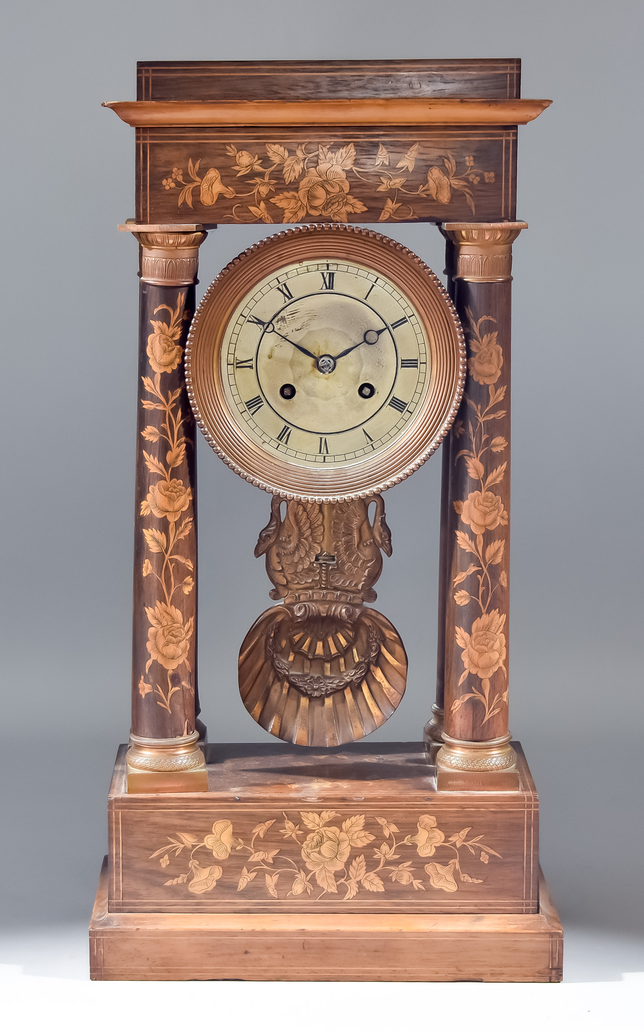 A 19th Century French Rosewood Marquetry and Gilt Metal Mounted "Portico" Clock, the 4.375ins