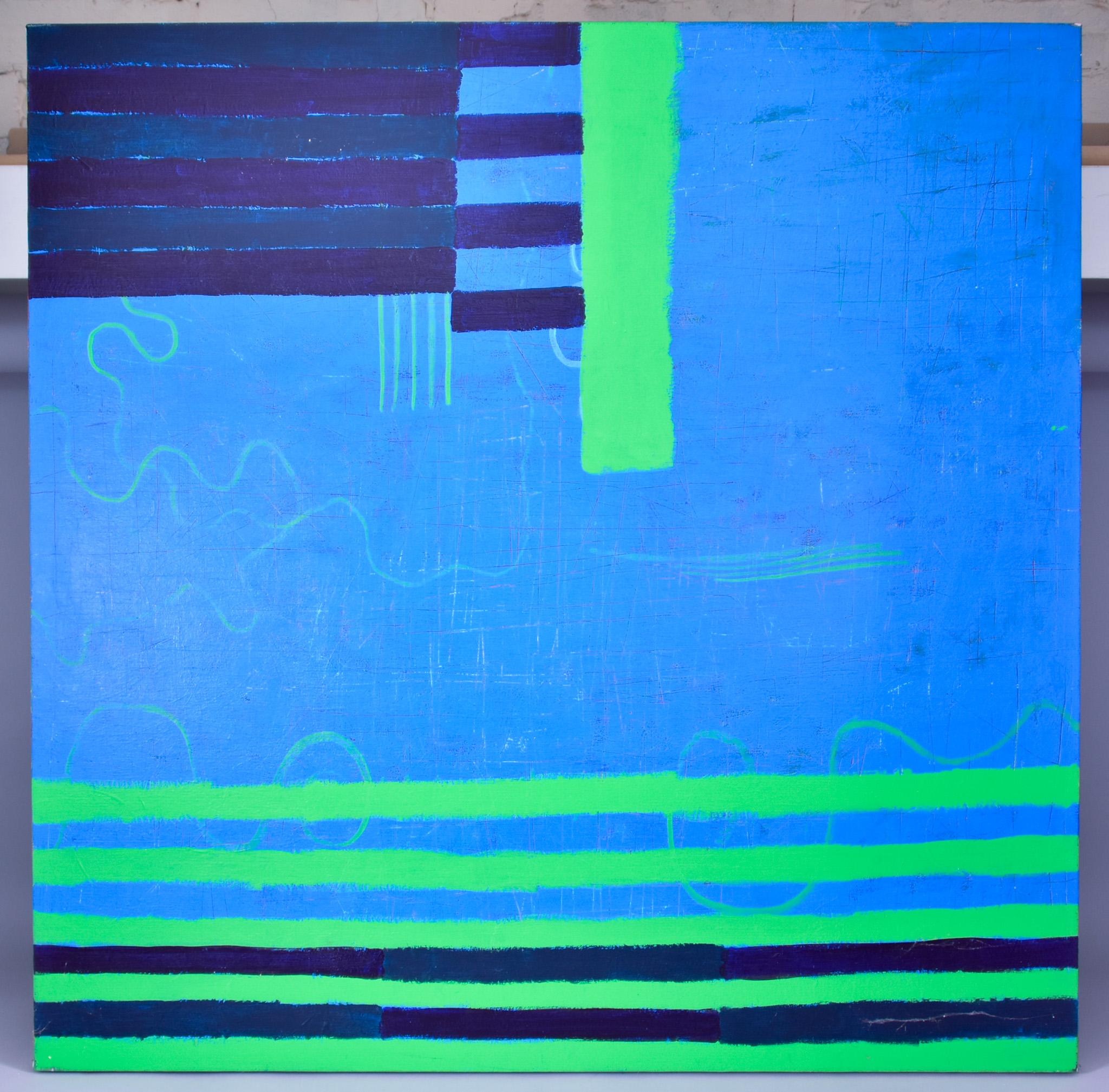 20th Century School - Oil painting - Abstract in blues and greens, unsigned, 36.125ins square, - Image 2 of 3