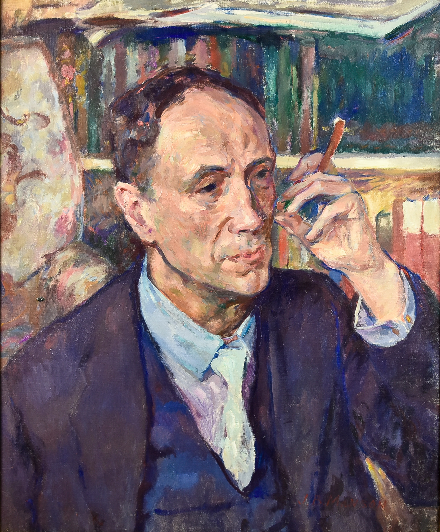 James Bolivar Manson (1879-1945) - Oil painting – Shoulder-length portrait of Tom Robertson, signed,