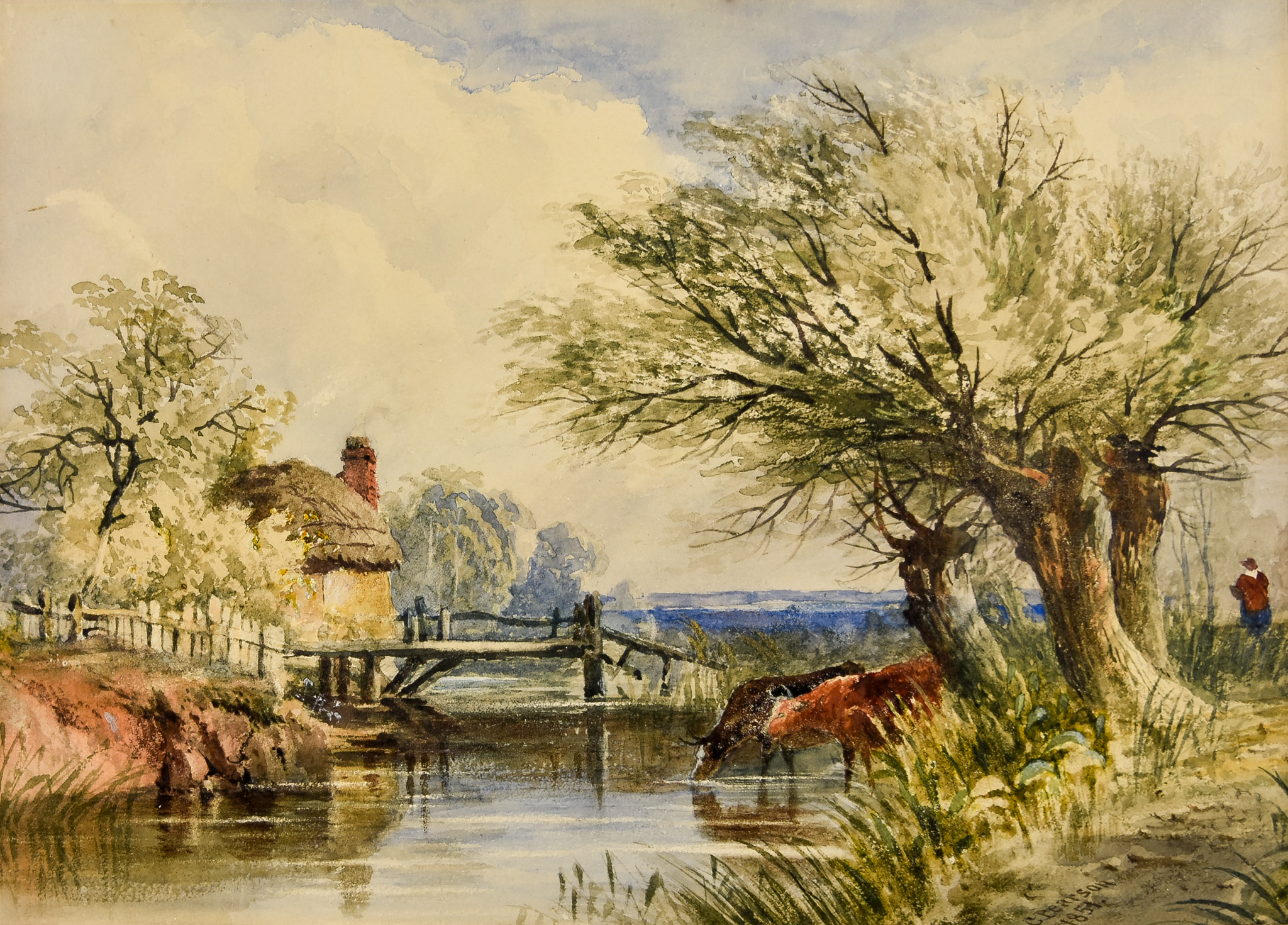 Cornelius Pearson (1805-1891) - Watercolour – River landscape with two cows watering, signed and - Image 2 of 6