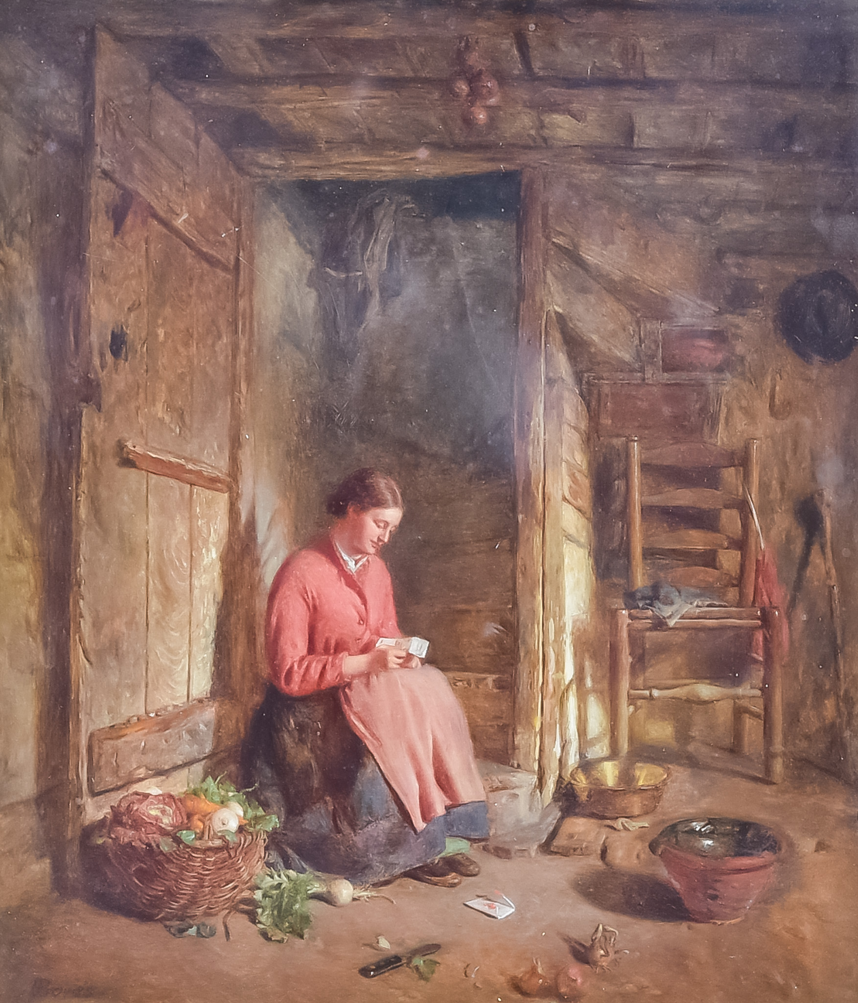 Alfred Provis (act.1843-1886) - Oil painting - Cottage interior with young woman reading a letter,