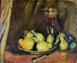 ***Clare Atwood (1866-1962) - Oil painting – Still life with glass of wine and pears, signed and