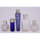 A Victorian Plated Mounted and Blue Overlay Glass Scent Bottle and Four Others, the blue overlay