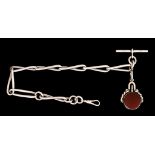 A Large Silver Elongated Link Albert Chain, with carnelian fob,300mm overall, gross weight 2oz