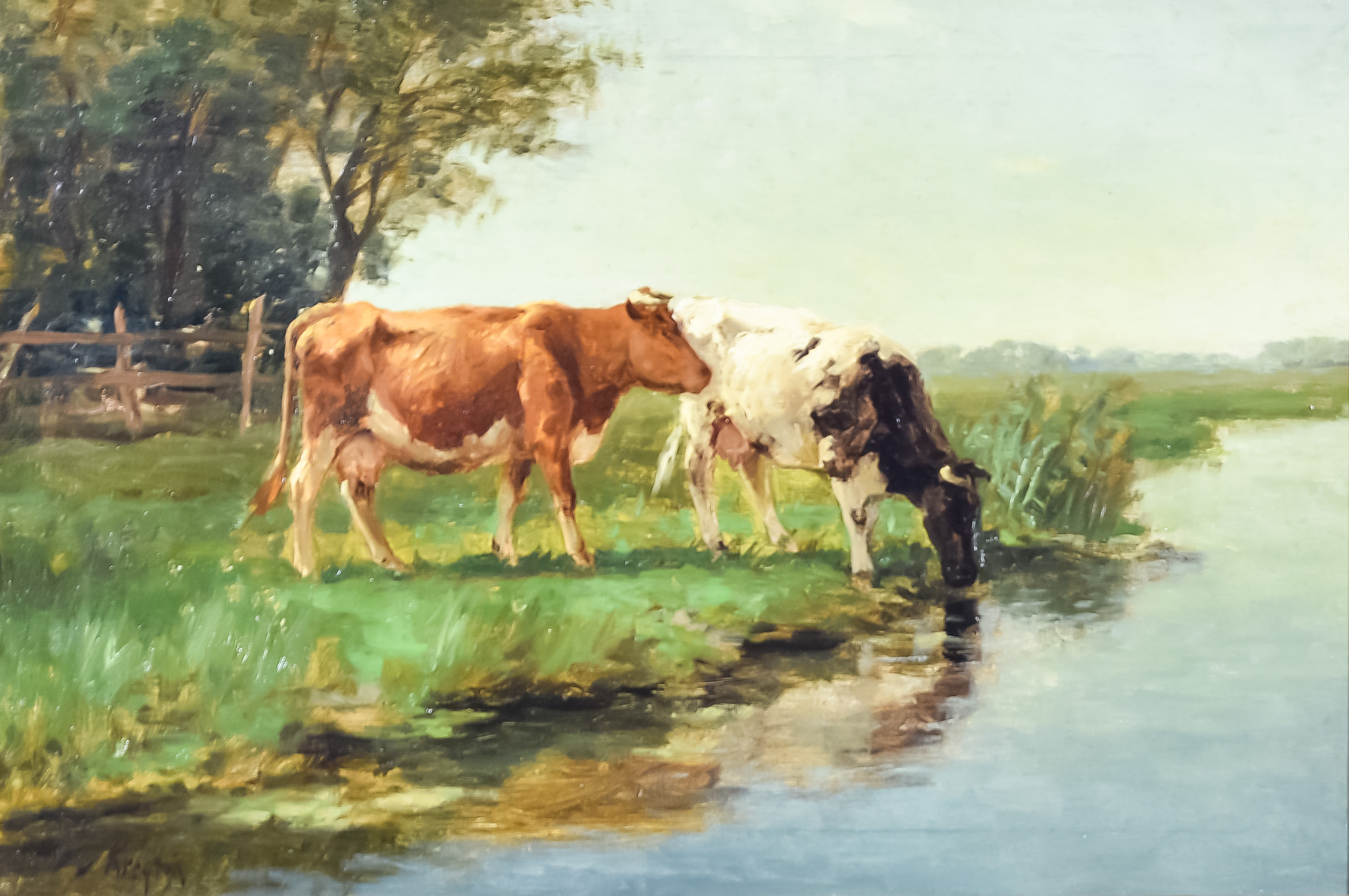 Fedor Van Kregton (1871-1937) - Oil painting - Dutch landscape with two cows by the river, re-