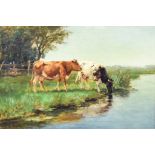 Fedor Van Kregton (1871-1937) - Oil painting - Dutch landscape with two cows by the river, re-