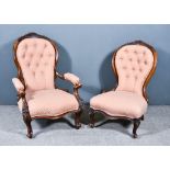 A Pair of Victorian Lady's and Gentleman's Walnut Framed Spoon Back Easy Chairs, with floral