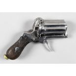 A Continental Pin Fire "Defender" Pistol, revolving six-cylinder bright metal chamber, bright