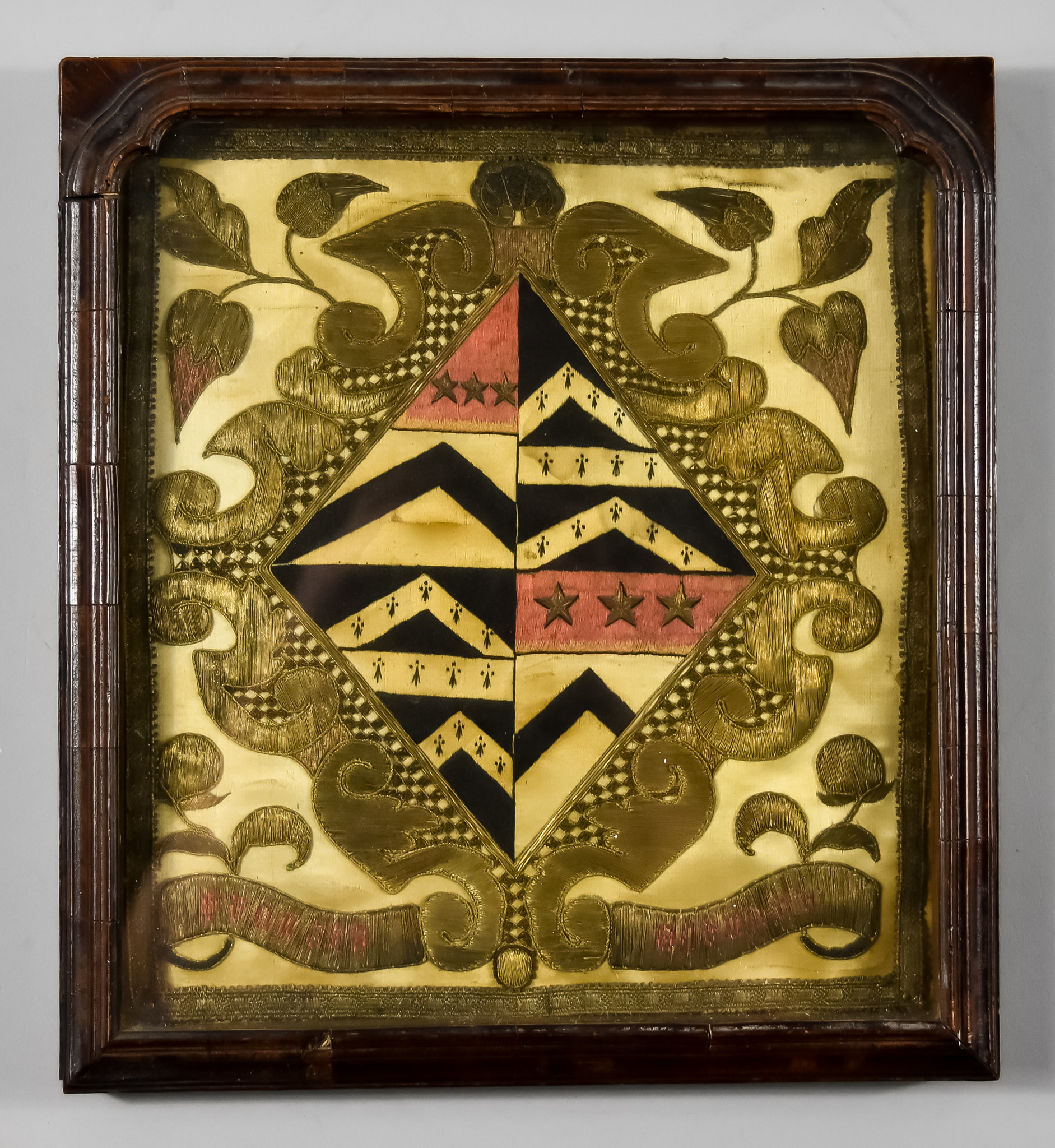 An English Heraldic Panel Worked in Gold and Coloured Silk Threads on a Silk Ground, 18th/19th