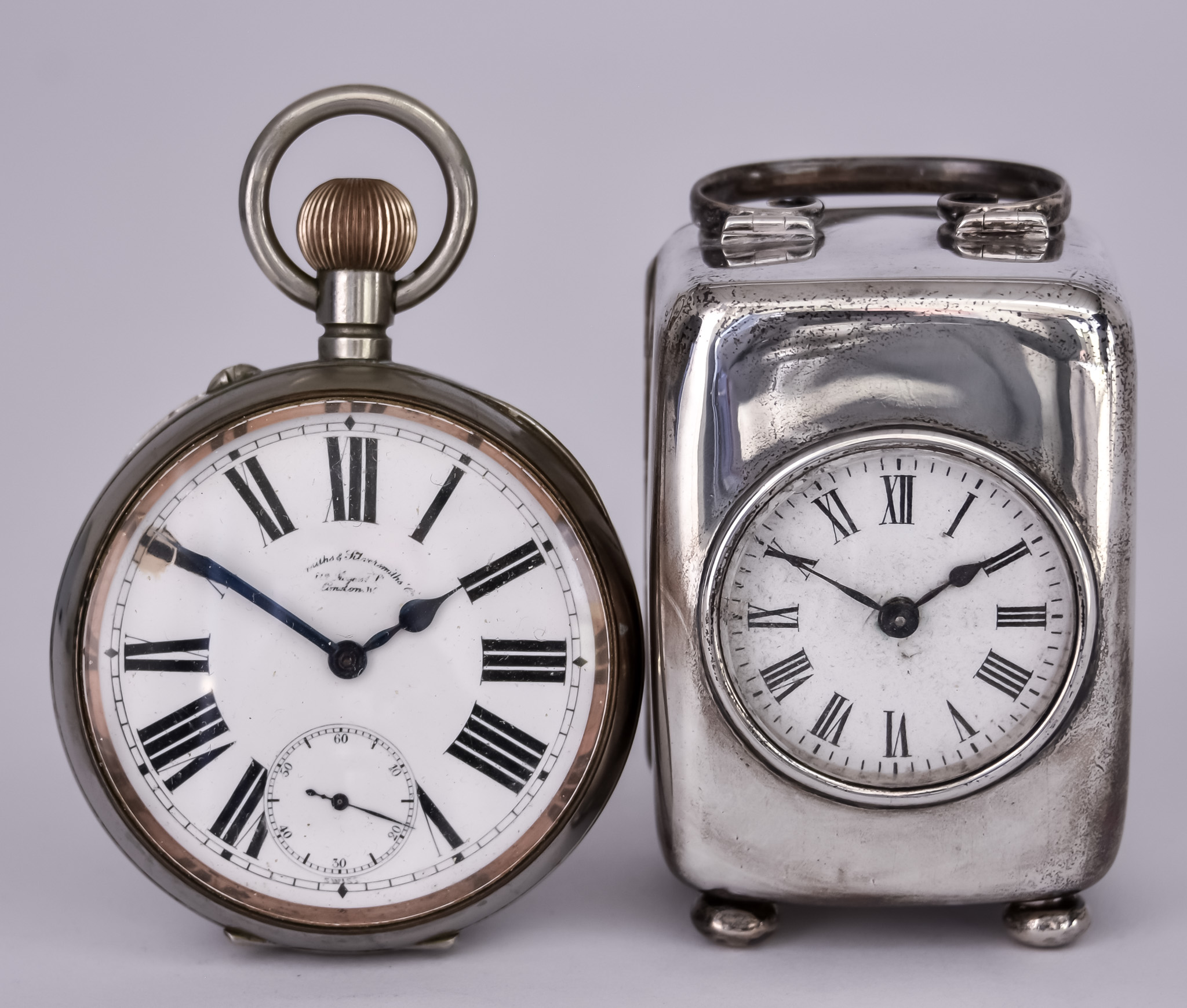 An Edward VII Silver Cased Carriage Timepiece and a Plated Cased Goliath Pocket Watch, the timepiece