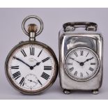 An Edward VII Silver Cased Carriage Timepiece and a Plated Cased Goliath Pocket Watch, the timepiece