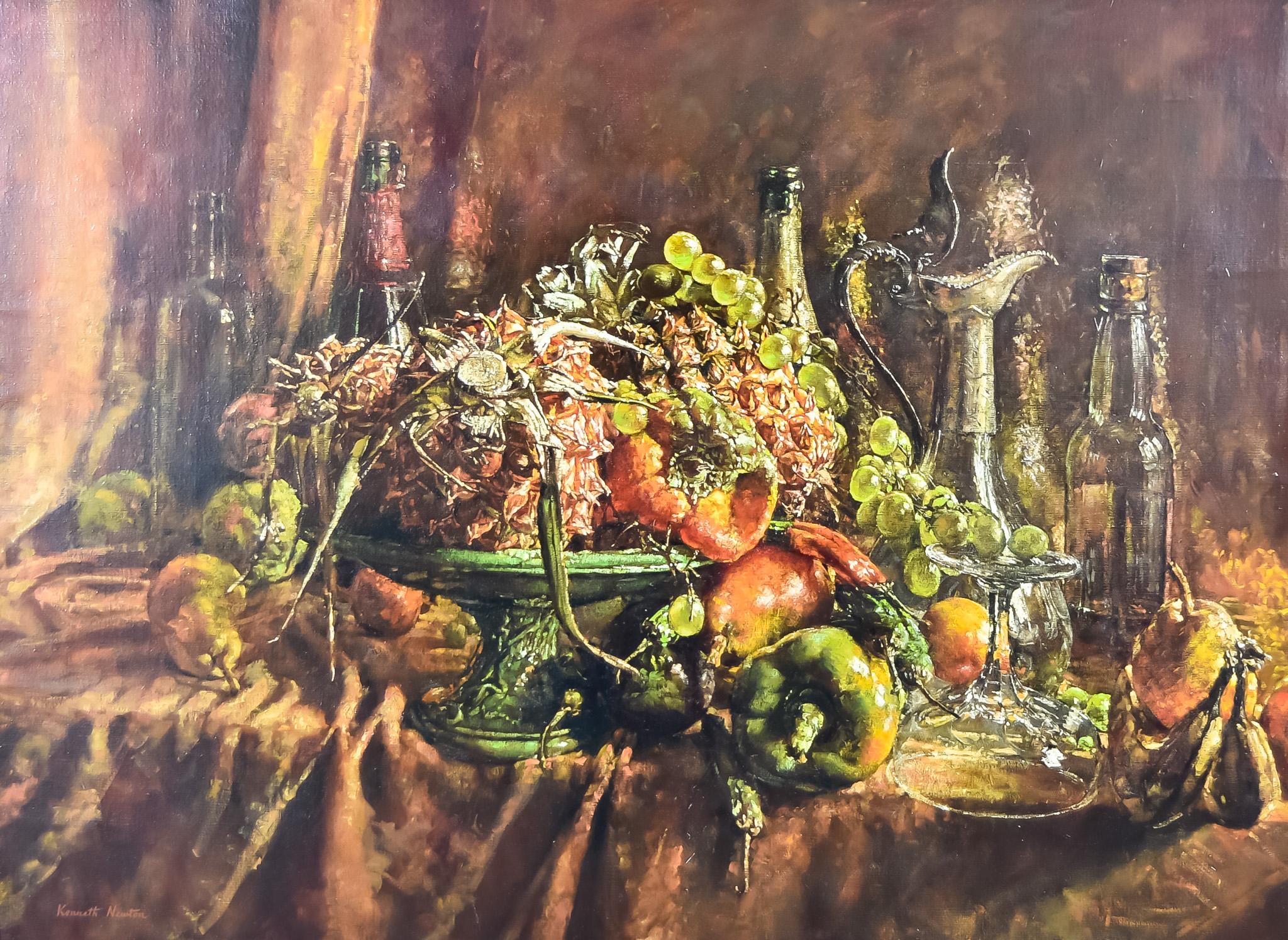 ARR Kenneth Newton (1933-1984) - Oil painting - Still life - Green tazza with pineapples, peppers