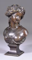 Late 19th/Early 20th Century Continental School - Brown patinated bronze bust of a young woman,