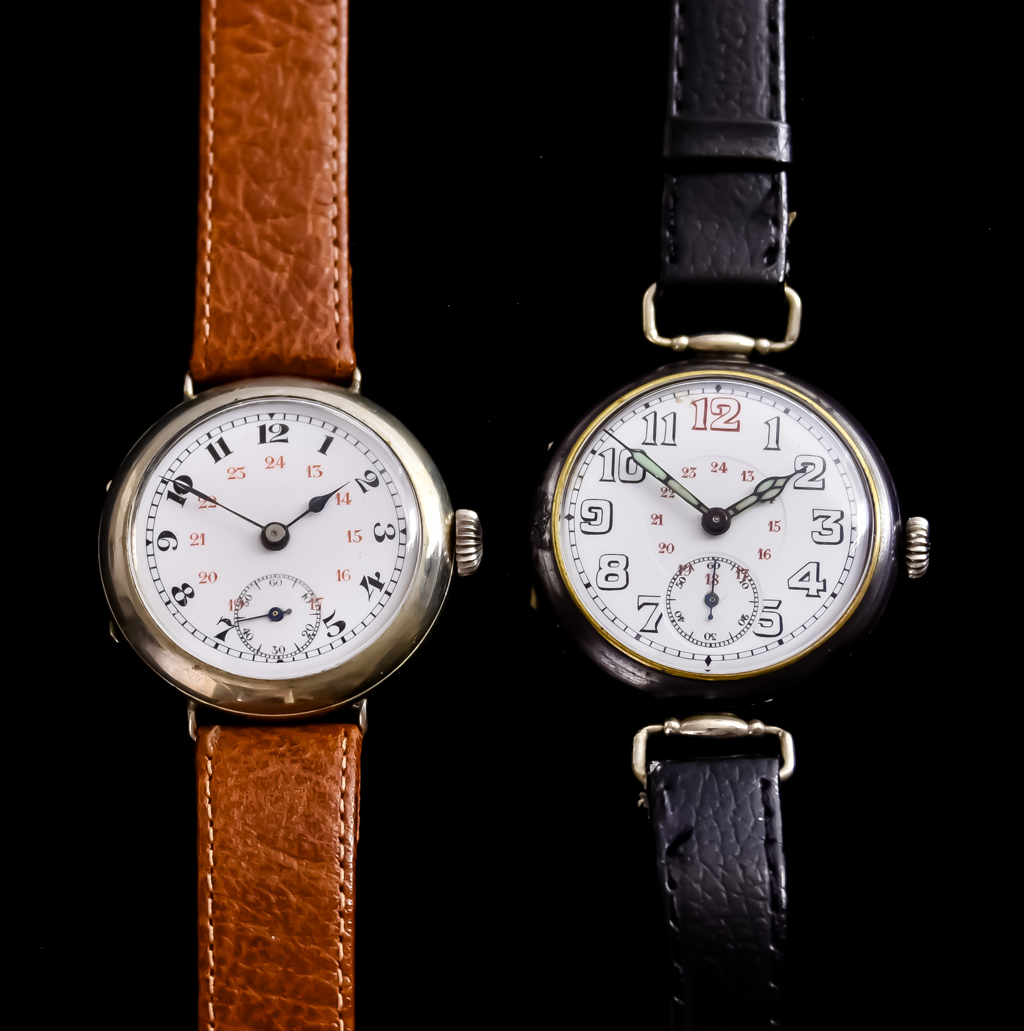 Two Gentleman's Manual Wind Unnamed Wristwatches, in the "Trench watch" manner, one 36mm diameter