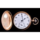 A Keyless Full Hunting Cased Pocket Watch, 9ct gold case, 50mm diameter, with 9ct gold dust cover,