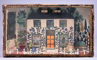 A Painted English Diorama Depicting a Double-Fronted Cottage Facade with Picket Fence and Garden,