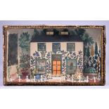 A Painted English Diorama Depicting a Double-Fronted Cottage Facade with Picket Fence and Garden,