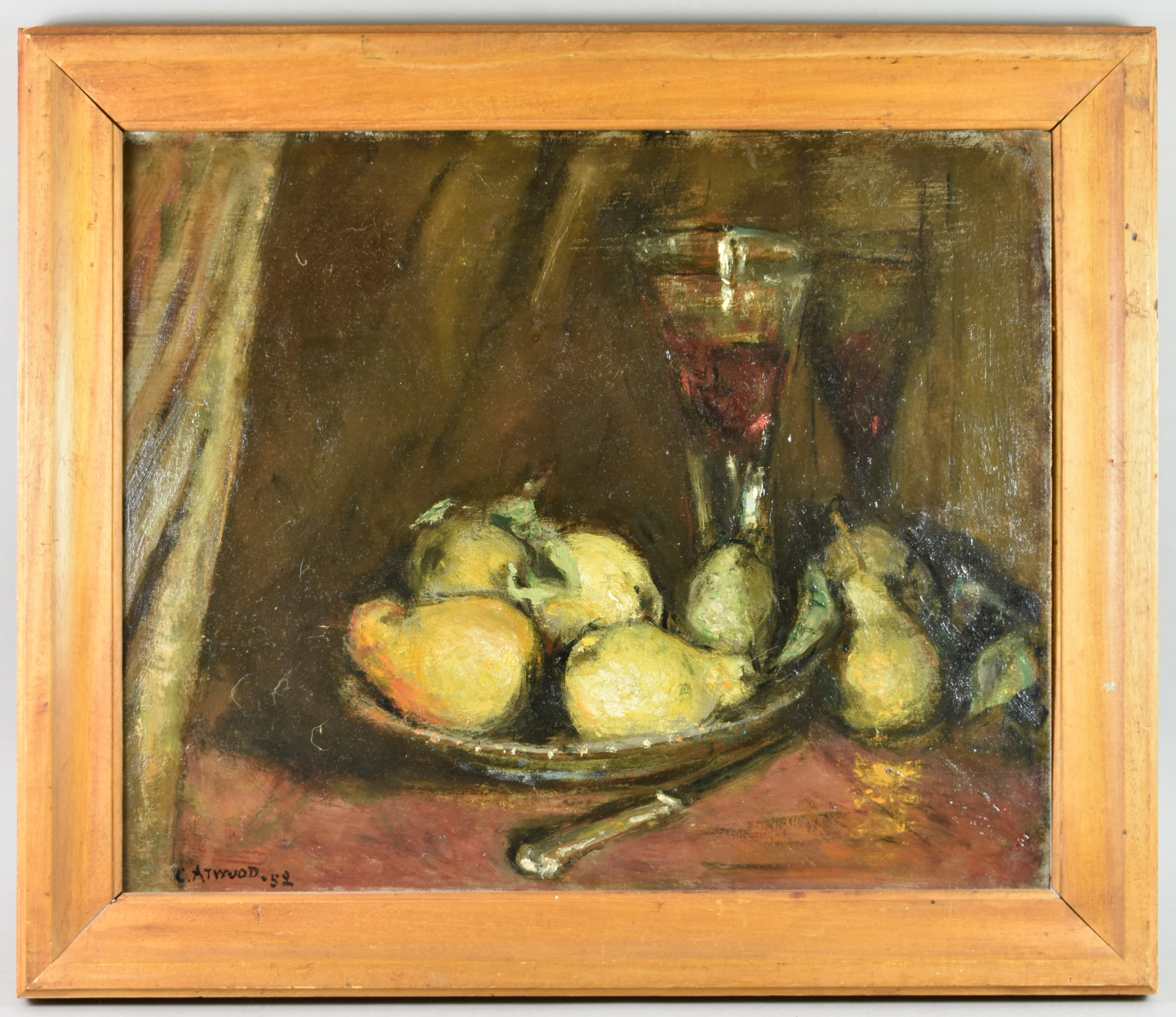 ***Clare Atwood (1866-1962) - Oil painting – Still life with glass of wine and pears, signed and - Image 2 of 3